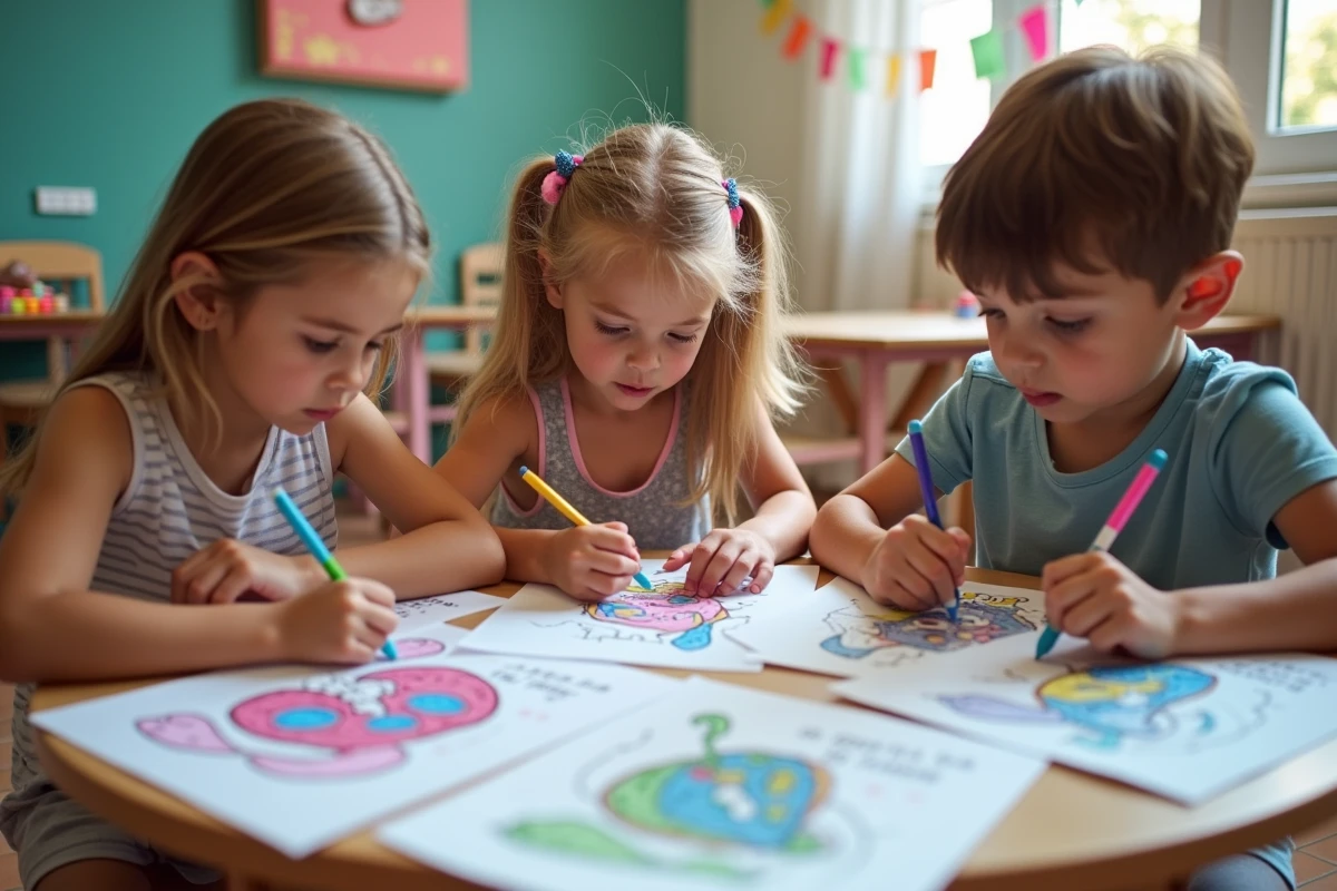 Groupe d'enfants coloriant des masques de carnaval princesse et super-héros ensemble lors d'un atelier créatif