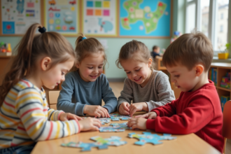 Groupe d'enfants jouant à un puzzle dans une classe lumineuse