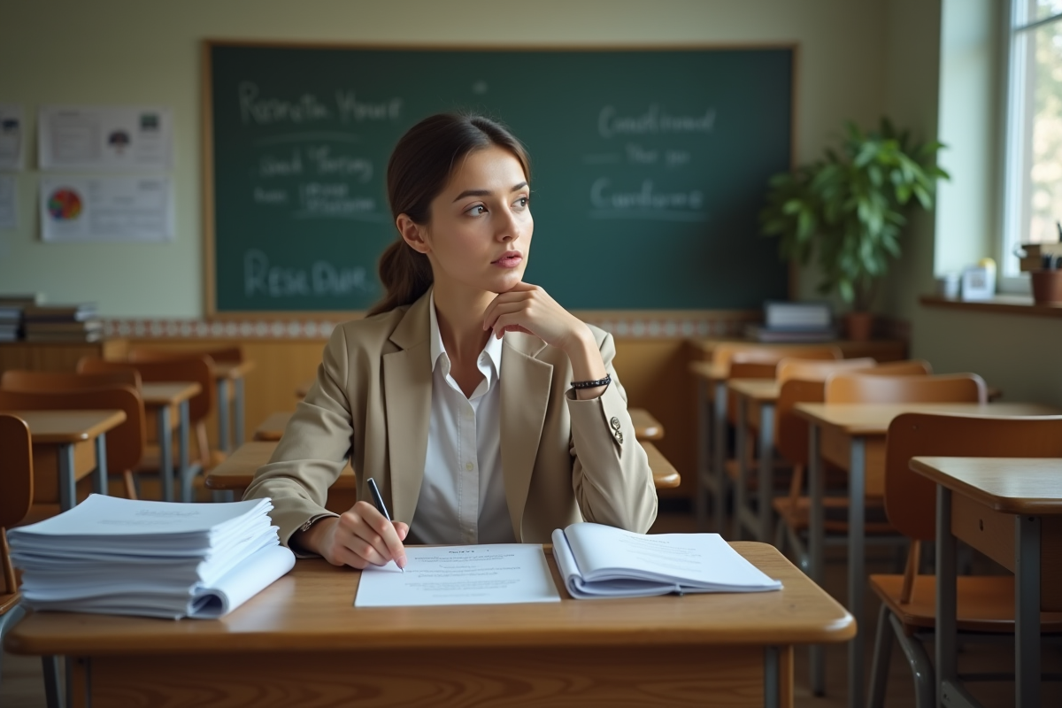 Professeure regardant par la fenêtre dans la classe