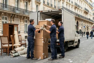 Équipe professionnelle de débarras chargeant des meubles sur un camion devant un immeuble haussmannien parisien