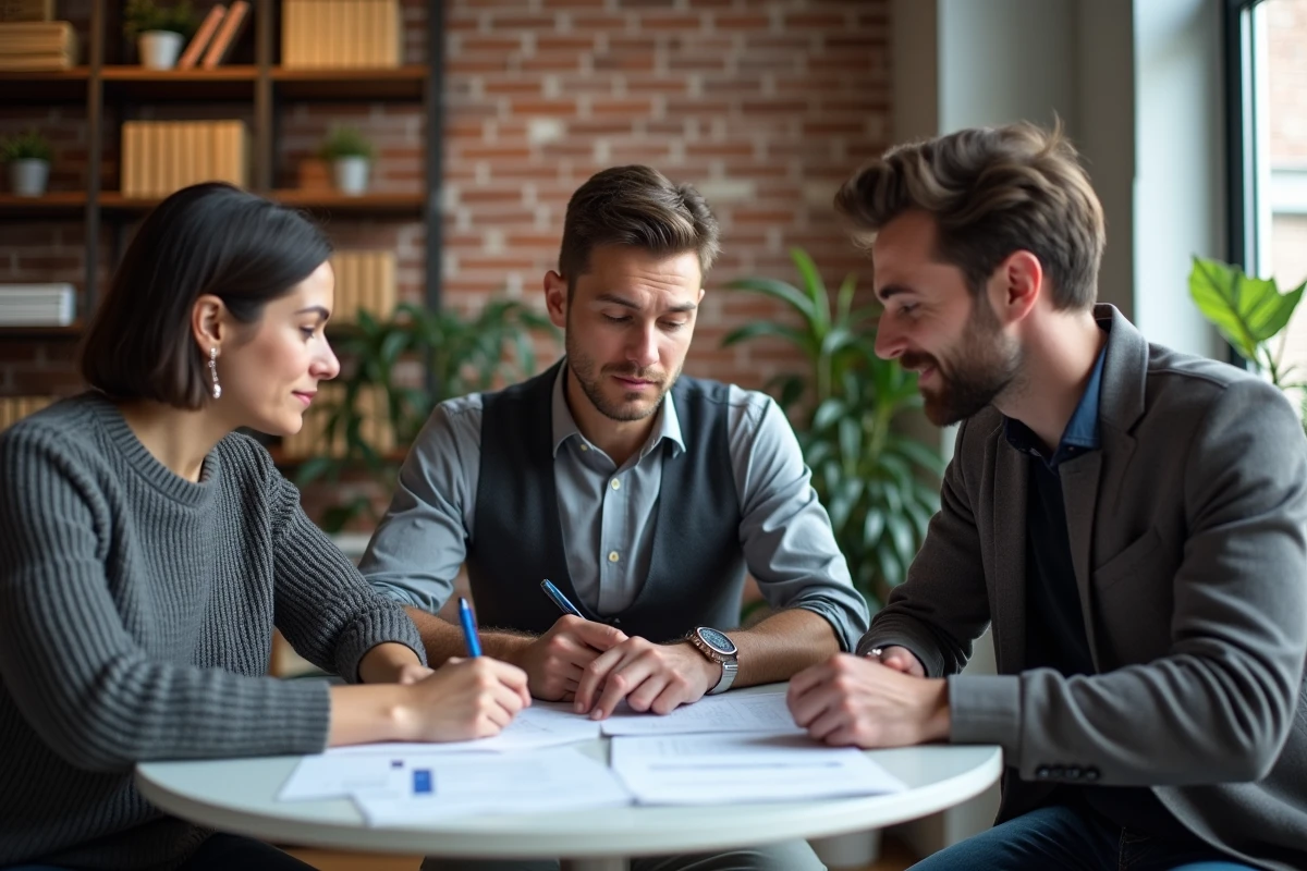 Équipe de professionnels analysant des documents juridiques liés à un rachat d'entreprise dans un espace de travail collaboratif