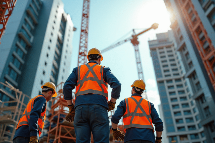 Équipe d'ingénieurs en sécurité sur un chantier urbain