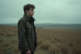 Jeune homme en veste militaire usée contemplant un horizon menaçant, symbolisant le destin tragique d'Eren et la fin du monde de SNK