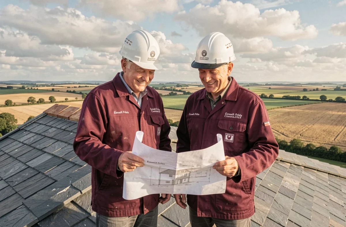 Les frères d'Esnault Frères Couverture sur une toiture en ardoise neuve avec la campagne normande en arrière-plan