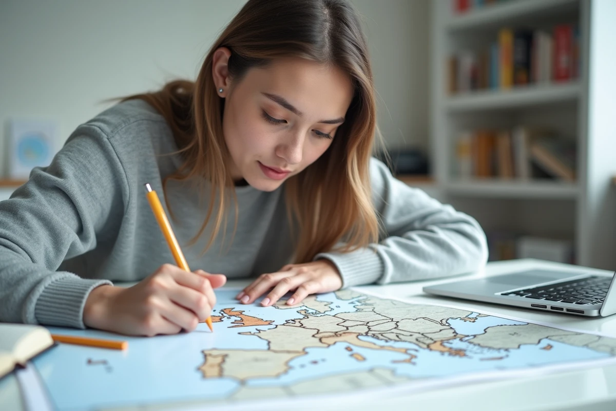 Jeune femme étudiant une carte de l'Europe sans légende dans une salle d'étude moderne en annotant les frontières