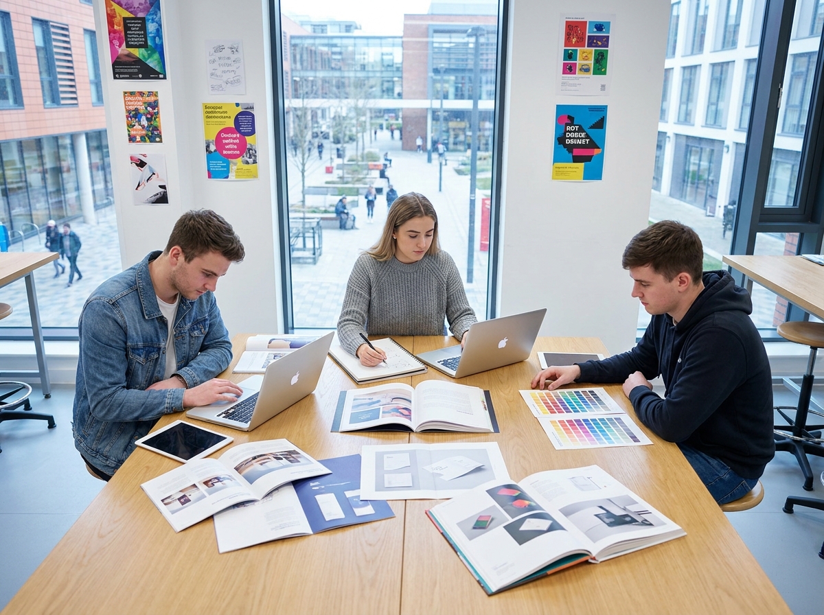 Groupe d'étudiants en design graphique collaborant autour d'un bureau dans une école d'art moderne