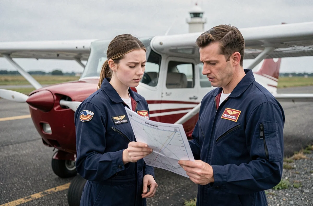 Deux étudiants pilotes étudient une procédure d'approche courte piste à côté d'un Cessna 172