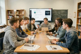 Groupe d'étudiants diversifiés discutant de l'origine des termes toxiques et racistes sur internet lors d'un séminaire universitaire