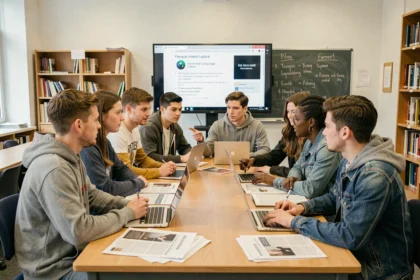 Groupe d'étudiants diversifiés discutant de l'origine des termes toxiques et racistes sur internet lors d'un séminaire universitaire