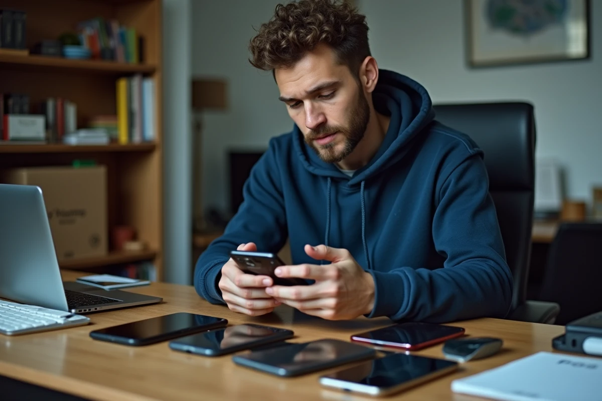 Homme comparant plusieurs vieux smartphones abîmés posés sur un bureau, évaluant leur état avant une revente en ligne