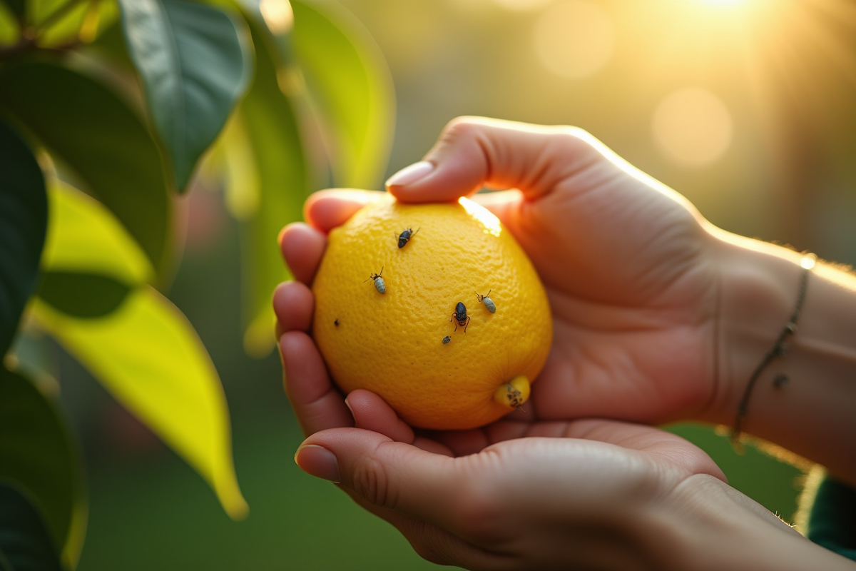 Main d’un jardinier examinant un limone infesté de cochenilles