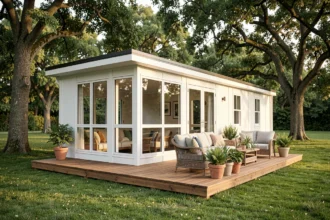 Mobil-home moderne de qualité installé dans un parc de loisirs verdoyant avec terrasse en bois et grandes baies vitrées