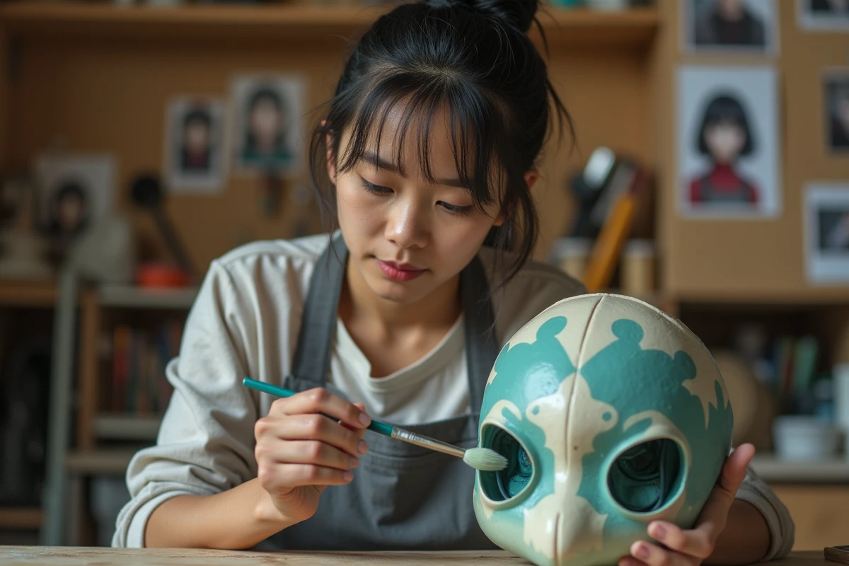 Artisane créant un masque de cosplay inspiré des personnages de l'arc Hueco Mundo de Bleach dans un atelier de fabrication