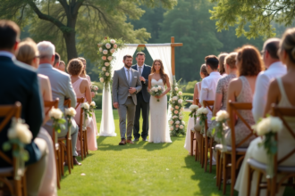Famille heureuse lors d'une cérémonie en plein air