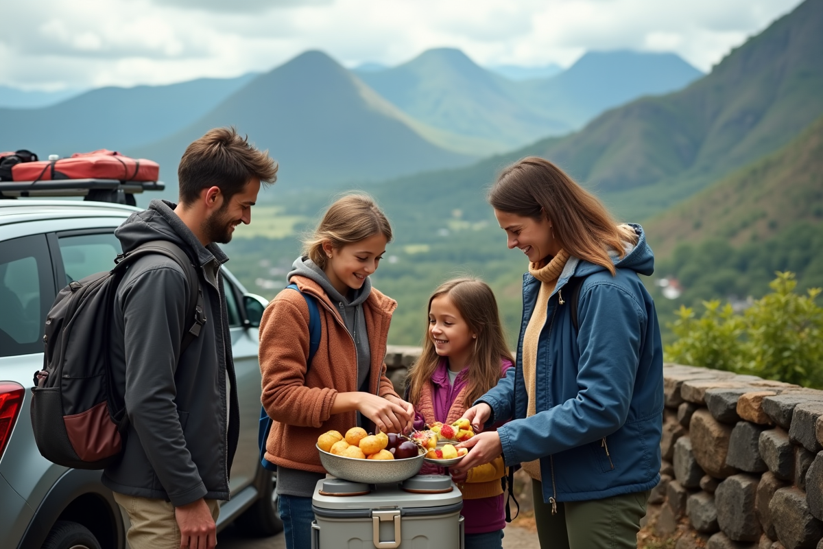 Famille partageant un pique-nique avec vue sur le cirque