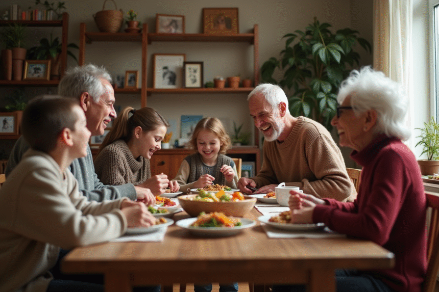 Famille multigenerational partageant un repas convivial à table