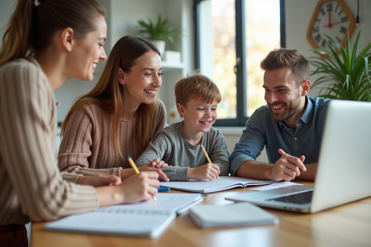 Famille discutant des dépenses à la maison en cuisine lumineuse