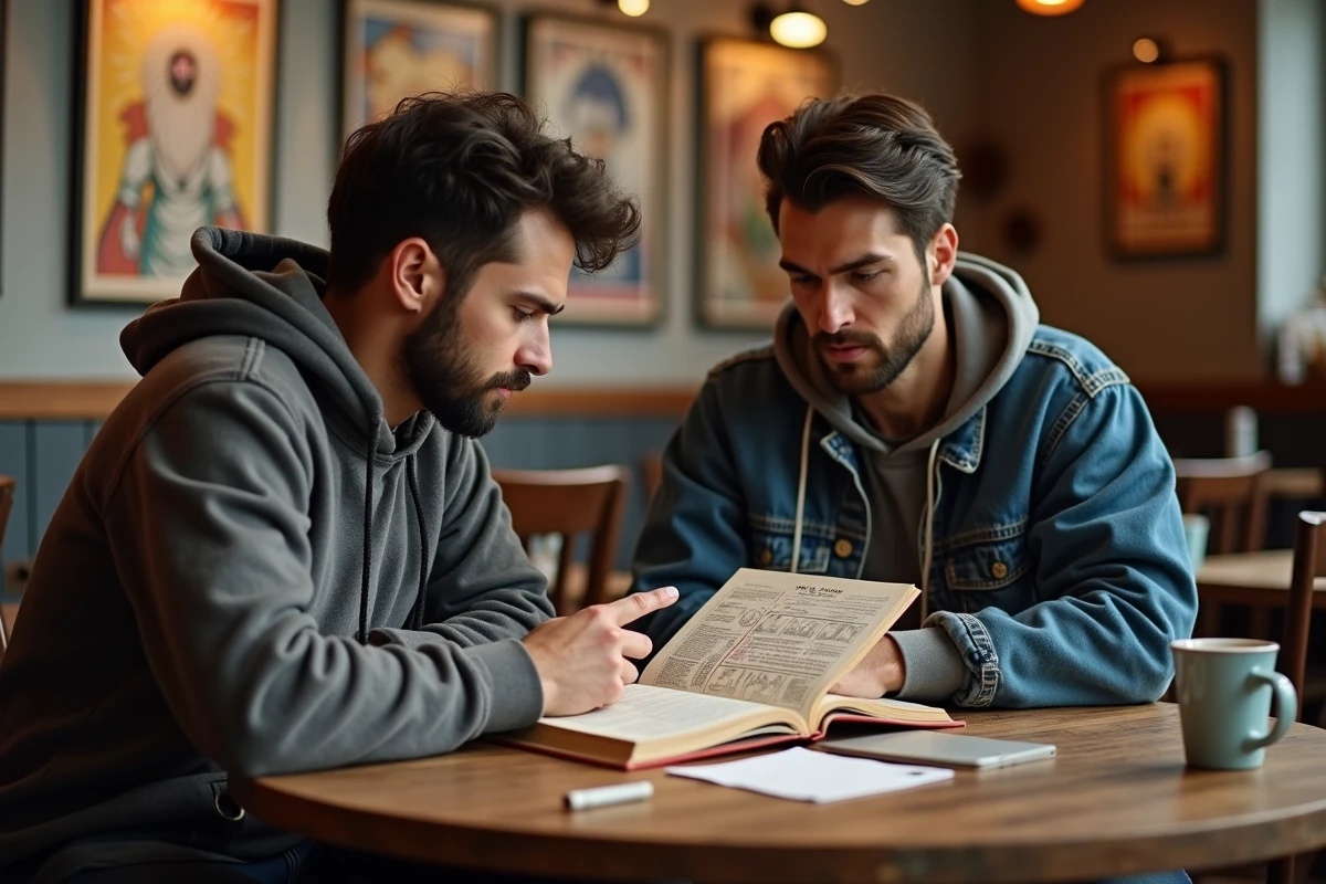 Deux fans adultes de Dragon Ball discutant de l'âge des personnages autour d'une encyclopédie ouverte dans un café vintage aux murs en briques