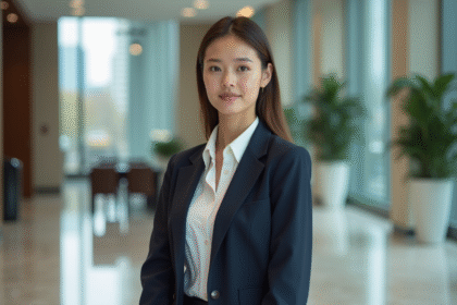 Jeune femme en costume d'affaires dans un lobby moderne