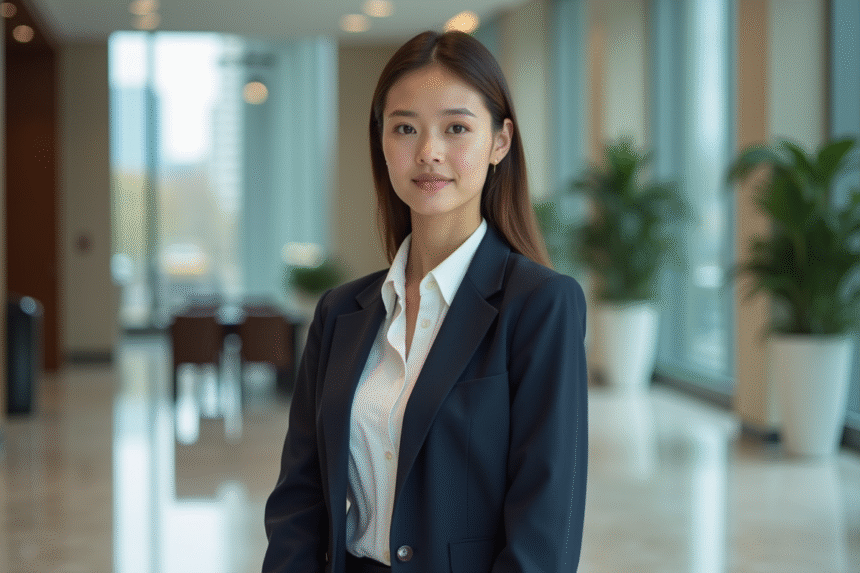 Jeune femme en costume d'affaires dans un lobby moderne