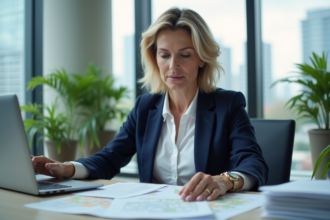 Femme d'affaires en blazer navy examine des documents