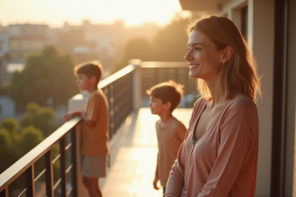 Femme pensante sur un balcon en famille ensoleillee