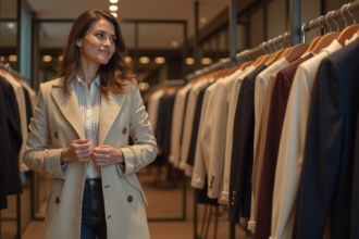 Femme élégante dans une boutique en trench beige