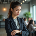 Jeune femme en bureau avec smartwatch et blazer