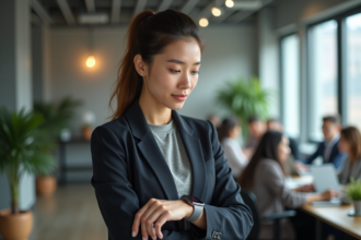 Jeune femme en bureau avec smartwatch et blazer