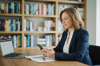 Femme d'âge moyen au bureau moderne en train de composer un numéro