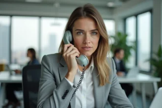 Femme professionnelle tenant un téléphone à distance dans un bureau moderne, expression calme et déterminée face à un raccrochage au nez
