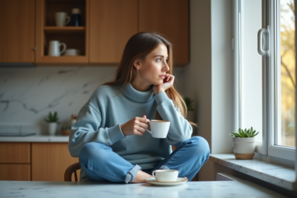 Femme assise avec une tasse de thé dans une cuisine chaleureuse