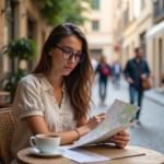 Jeune femme au café avec carte en ville européenne