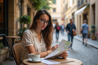 Jeune femme au café avec carte en ville européenne