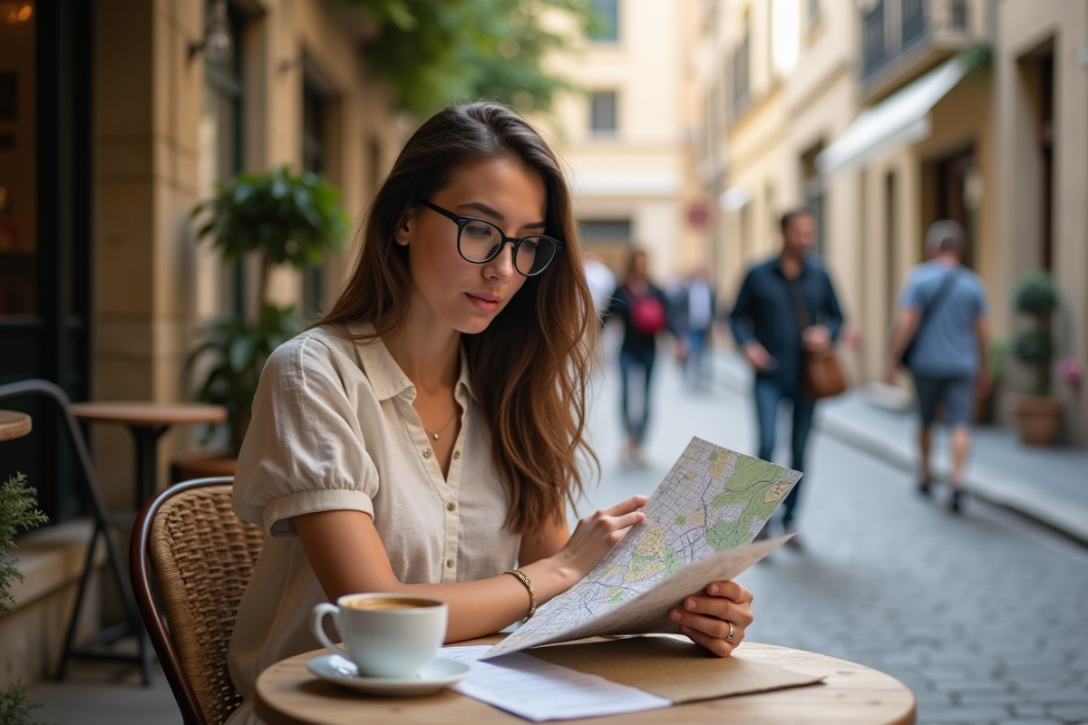 Jeune femme au café avec carte en ville européenne