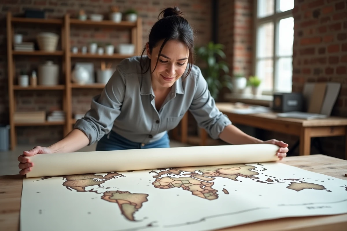 Femme dépliant une carte du monde vierge haute définition sur une table en bois dans un atelier