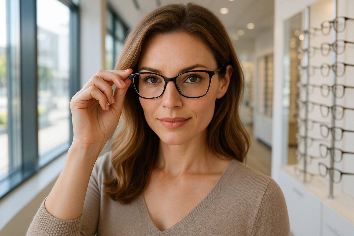 Femme confiante essayant des lunettes tendance dans un magasin lumineux