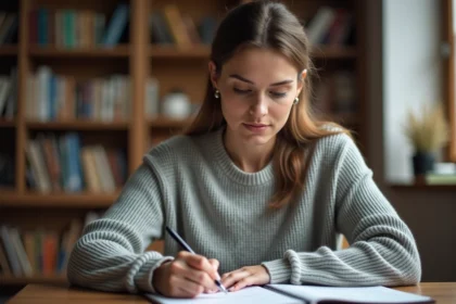 Femme concentrée écrivant dans un cahier à son bureau, illustrant la correction orthographique et l'apprentissage de l'orthographe