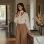 Femme élégante ajustant son foulard dans un hall sophistiqué