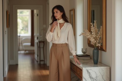 Femme élégante ajustant son foulard dans un hall sophistiqué