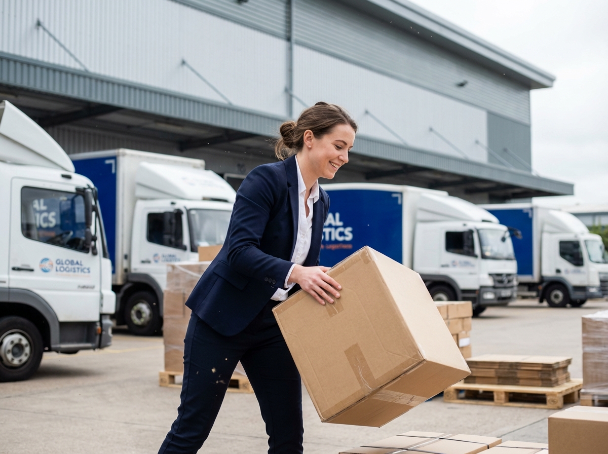 Femme manipulant un colis dans une zone logistique