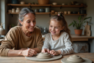 Femme et enfant sculptant de la pâte dans une cuisine chaleureuse