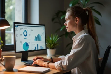 Femme entrepreneur travaillant seule sur son activité en ligne depuis un bureau à domicile moderne en 2026