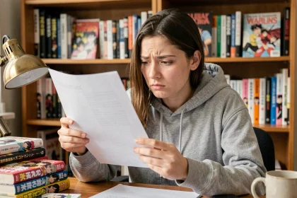 Jeune femme examinant un document scanné illisible dans un bureau home office entouré de mangas