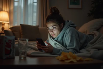 Jeune femme fatiguée allongée sur un canapé après une soirée, regardant son téléphone d'un air épuisé et amusé