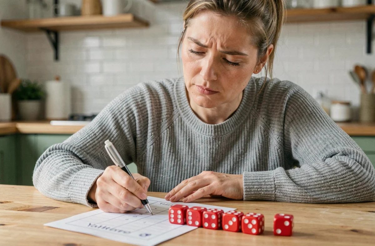 Femme concentrée remplissant une grille de Yahtzee avec des dés rouges sur une table de cuisine