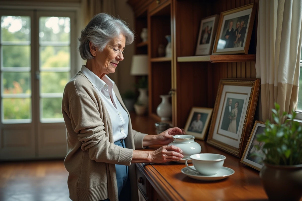 Femme âgée organisant des objets de famille dans un salon chaleureux