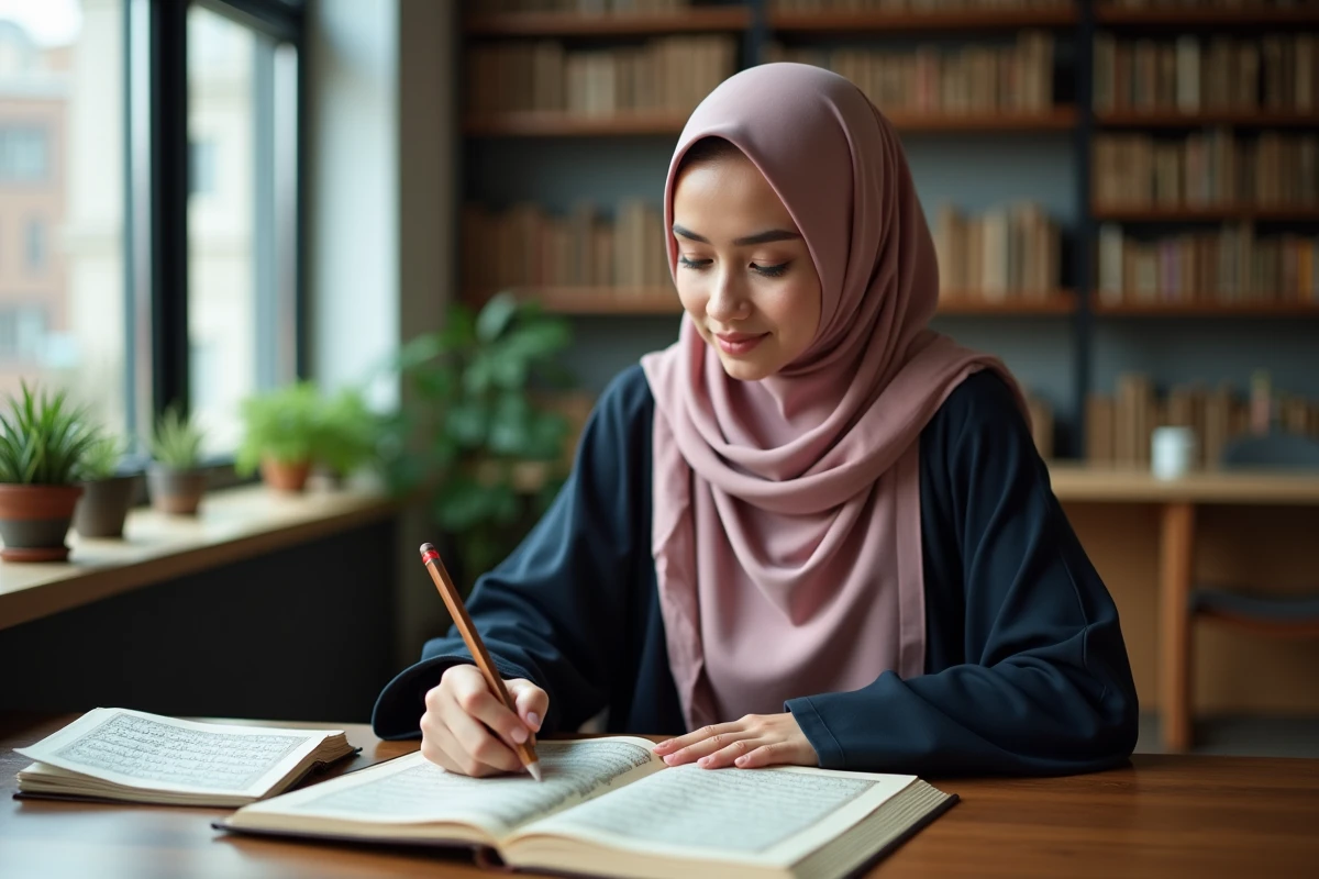 Jeune femme en hijab annotant un Coran à une table d'étude dans une bibliothèque universitaire