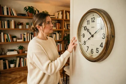 Femme regardant une horloge affichant 15h55 dans un appartement parisien, symbolisant la signification cachée de cette heure miroir