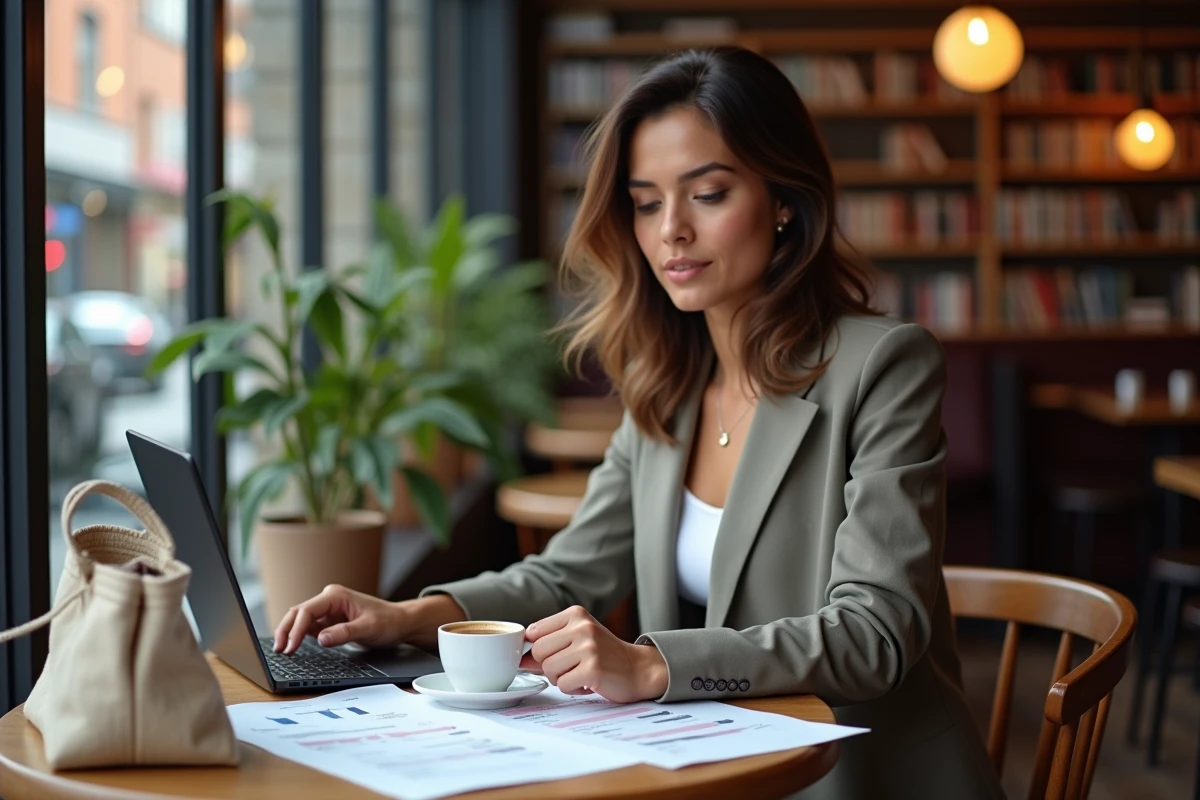 Femme indépendante planifiant sa stratégie de revenus en solo dans un café avec documents financiers et ordinateur